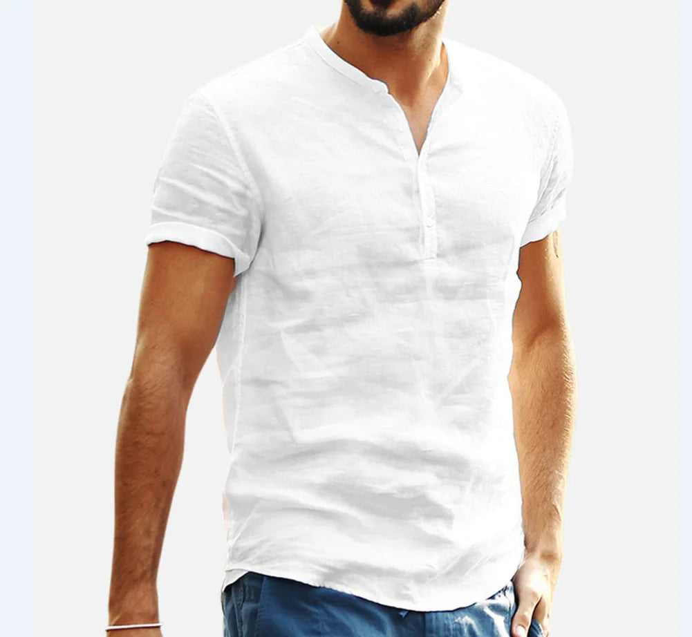 Loose Oversized Cotton Linen Short-sleeved Men's T-shirt Collar Buckled Half-open Shirt Korean Fashion Men Clothing 2020 New(Available)