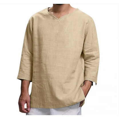 Loose Oversized Cotton Linen Short-sleeved Men's T-shirt Collar Buckled Half-open Shirt Korean Fashion Men Clothing 2020 New(Available)