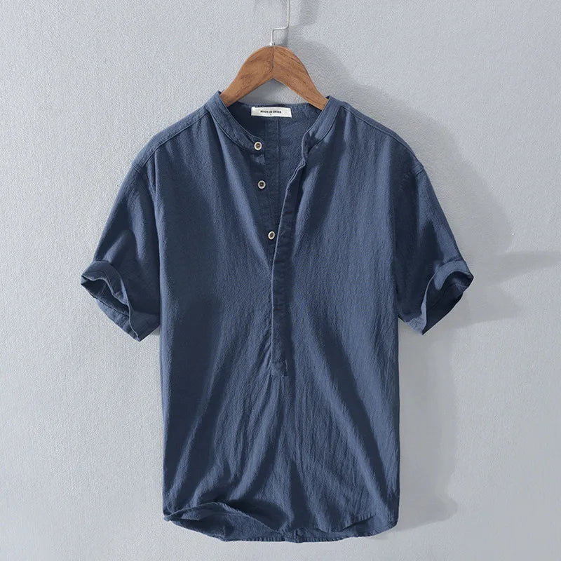 Loose Oversized Cotton Linen Short-sleeved Men's T-shirt Collar Buckled Half-open Shirt Korean Fashion Men Clothing 2020 New(Available)