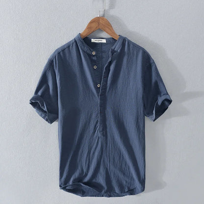 Loose Oversized Cotton Linen Short-sleeved Men's T-shirt Collar Buckled Half-open Shirt Korean Fashion Men Clothing 2020 New(Available)