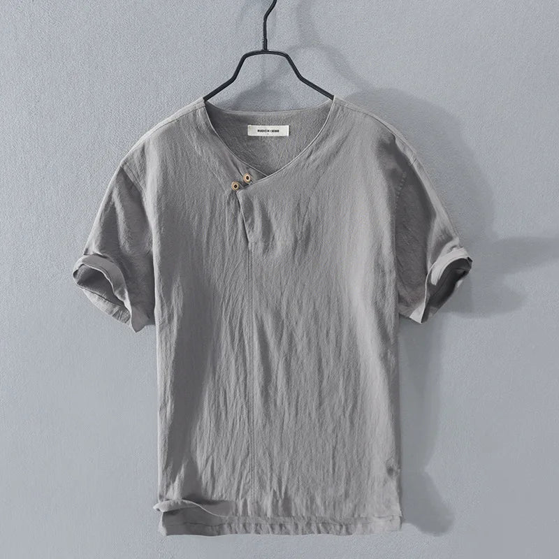 Loose Oversized Cotton Linen Short-sleeved Men's T-shirt Collar Buckled Half-open Shirt Korean Fashion Men Clothing 2020 New(Available)