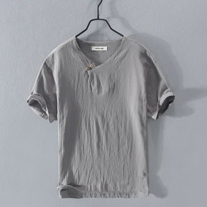 Loose Oversized Cotton Linen Short-sleeved Men's T-shirt Collar Buckled Half-open Shirt Korean Fashion Men Clothing 2020 New(Available)