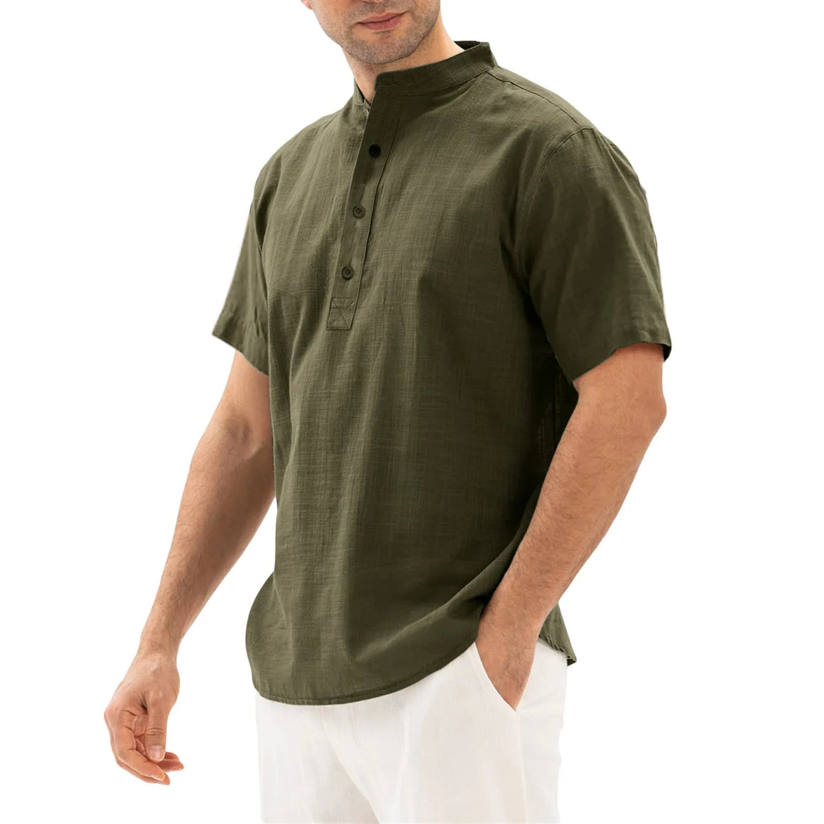Loose Oversized Cotton Linen Short-sleeved Men's T-shirt Collar Buckled Half-open Shirt Korean Fashion Men Clothing 2020 New(Available)