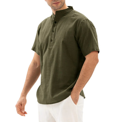 Loose Oversized Cotton Linen Short-sleeved Men's T-shirt Collar Buckled Half-open Shirt Korean Fashion Men Clothing 2020 New(Available)