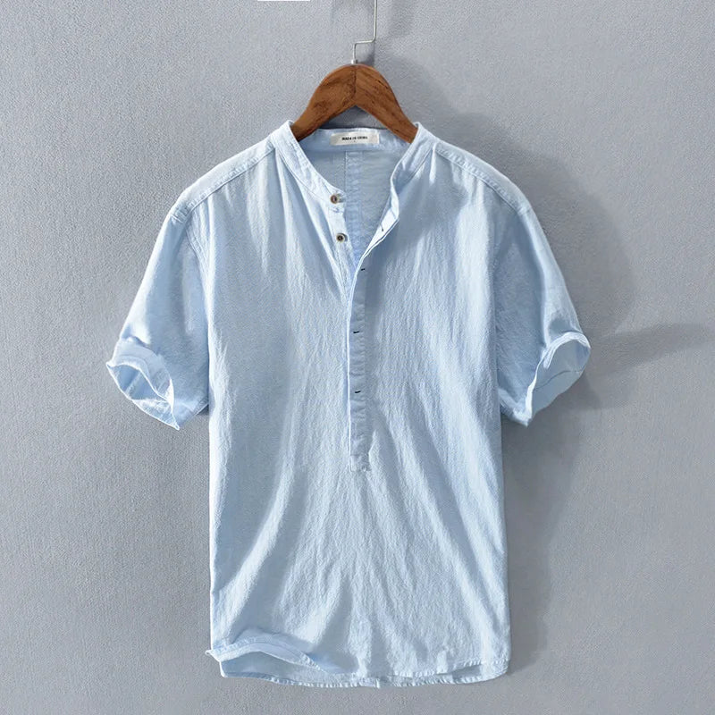 Loose Oversized Cotton Linen Short-sleeved Men's T-shirt Collar Buckled Half-open Shirt Korean Fashion Men Clothing 2020 New(Available)