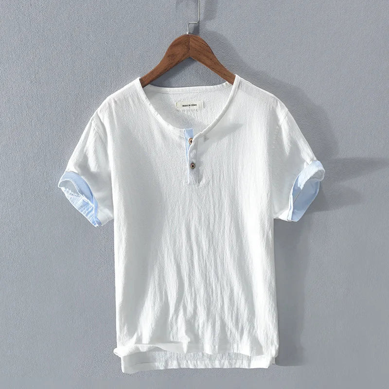 Loose Oversized Cotton Linen Short-sleeved Men's T-shirt Collar Buckled Half-open Shirt Korean Fashion Men Clothing 2020 New(Available)