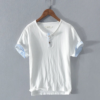 Loose Oversized Cotton Linen Short-sleeved Men's T-shirt Collar Buckled Half-open Shirt Korean Fashion Men Clothing 2020 New(Available)