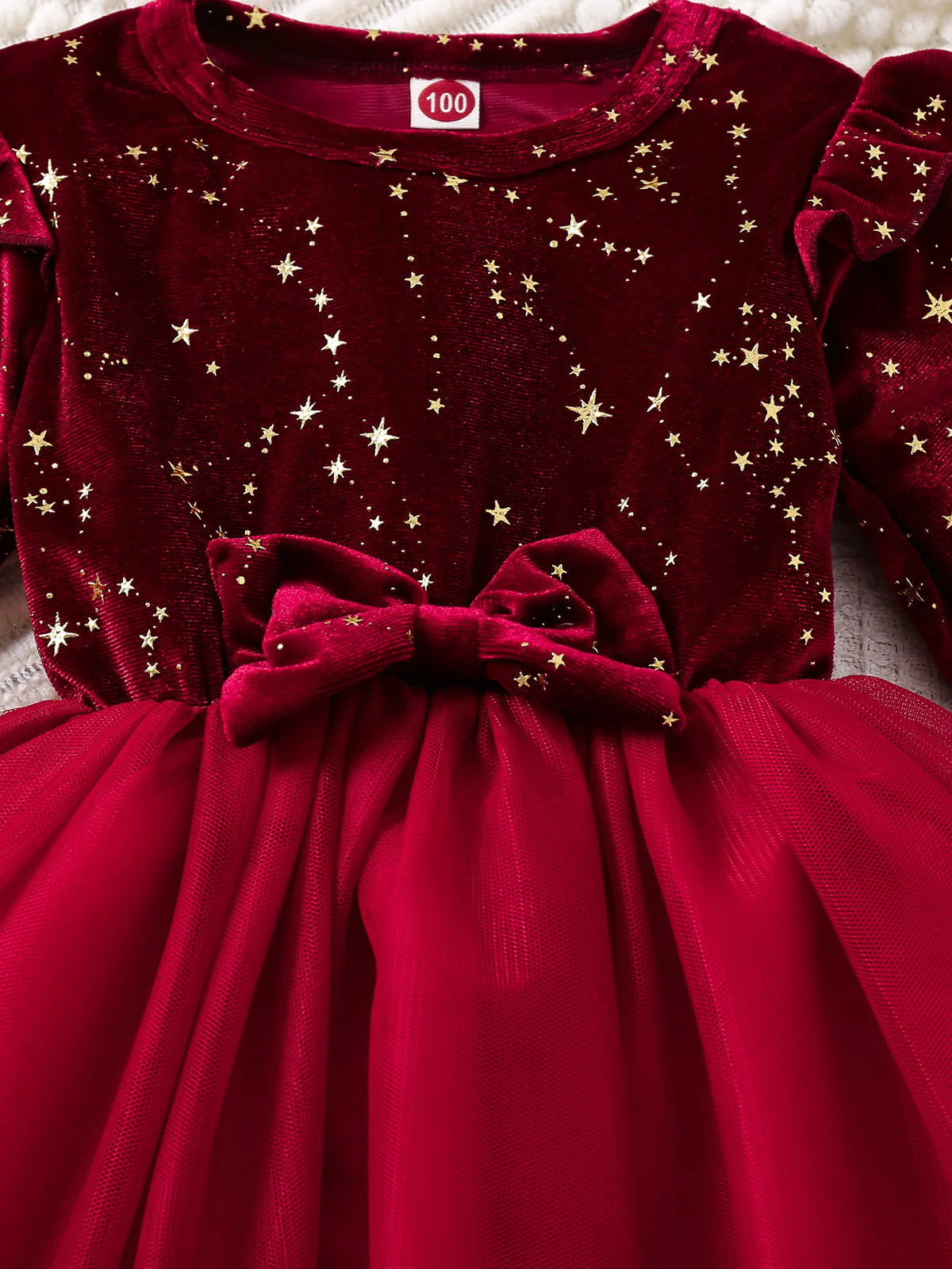 Toddler Girl Party Dress Autumn Winter 1-8 Years Children Christmas And New Year Princess Dress Red Velvet Gown Stars Mesh Dress