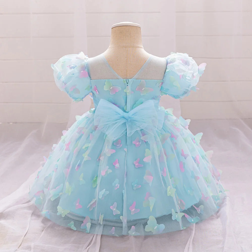 Toddler Girl Party Dress Colorful Gradient 3D Butterfly Prom Gown Girl Bow Lace Birthday Wedding Princess Summer Dresses Evening