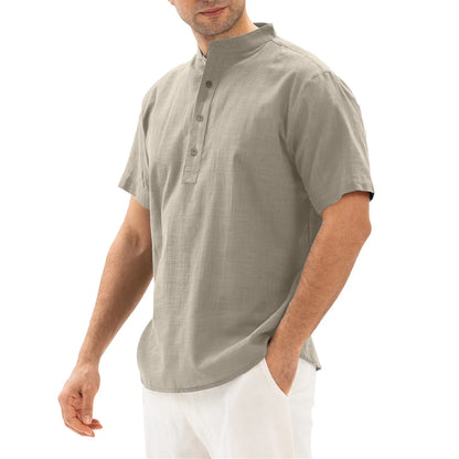 Loose Oversized Cotton Linen Short-sleeved Men's T-shirt Collar Buckled Half-open Shirt Korean Fashion Men Clothing 2020 New(Available)