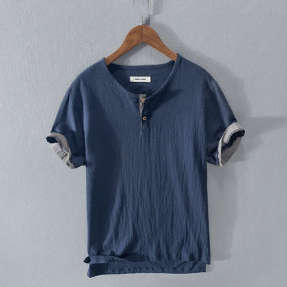 Loose Oversized Cotton Linen Short-sleeved Men's T-shirt Collar Buckled Half-open Shirt Korean Fashion Men Clothing 2020 New(Available)
