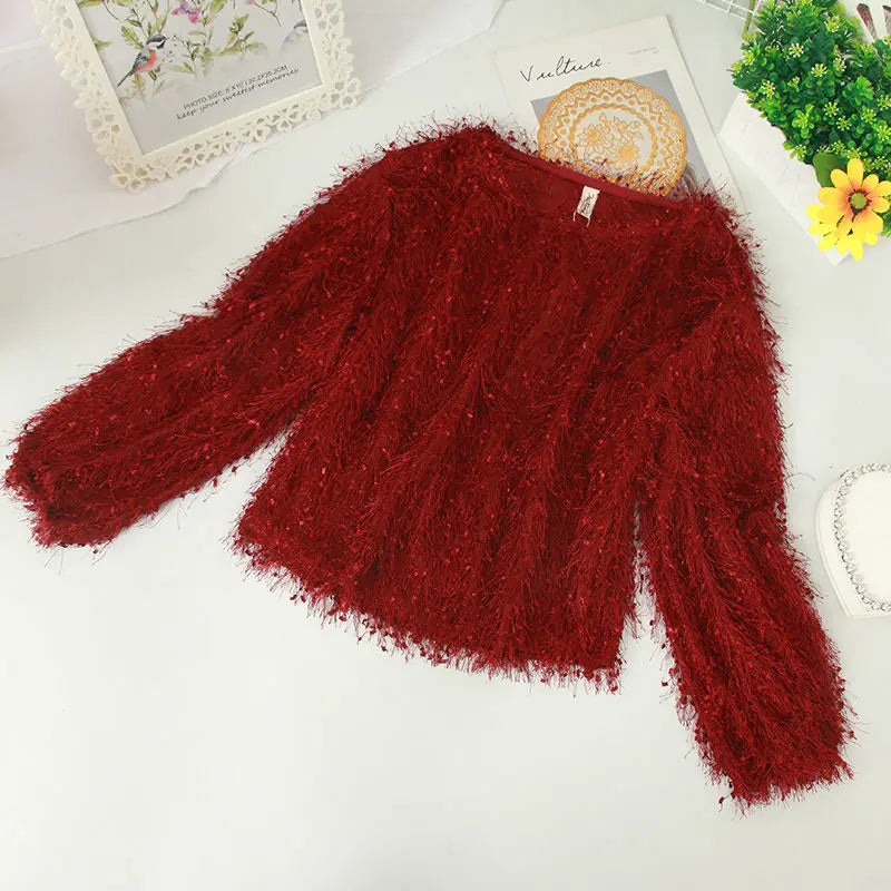 Blouse Women Shirt 2021 Spring Loose Puff Sleeves Furry Top Women's round-Neck Shirt Autumn and Winter Blusas Mujer De Moda