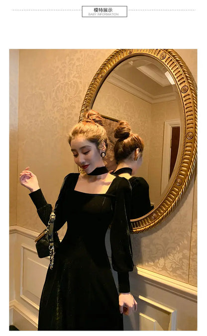 Sexy Dress Women French Retro Vintage Square Collar Waist Office Lady Wine Red Golden Velvet Autumn and Winter Female Clothing