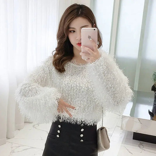 Blouse Women Shirt 2021 Spring Loose Puff Sleeves Furry Top Women's round-Neck Shirt Autumn and Winter Blusas Mujer De Moda