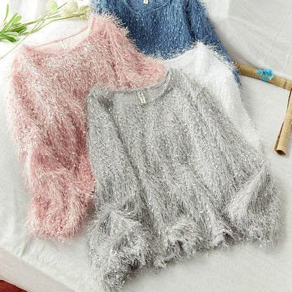 Blouse Women Shirt 2021 Spring Loose Puff Sleeves Furry Top Women's round-Neck Shirt Autumn and Winter Blusas Mujer De Moda