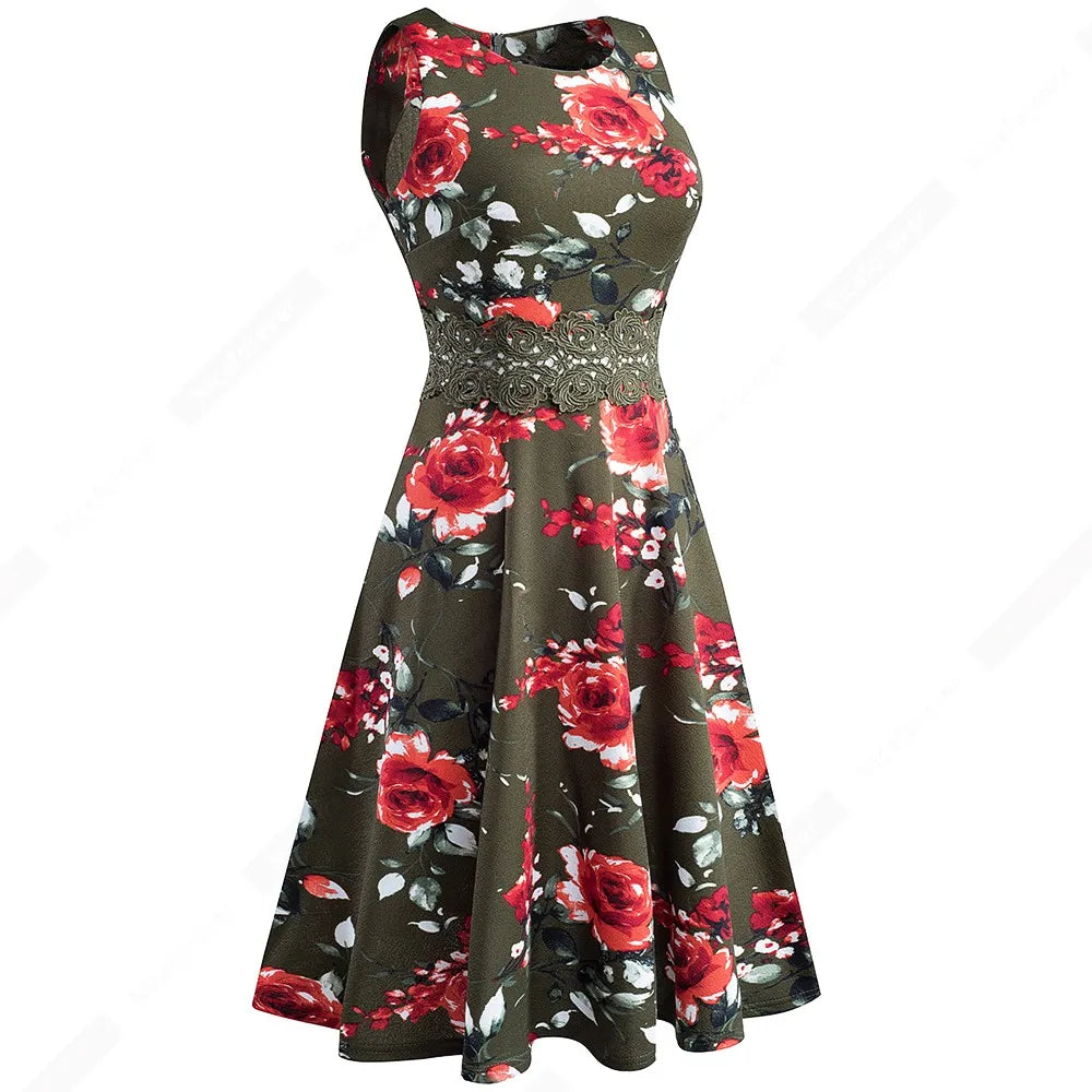 Women Vintage Casual Round Neck A line Summer Elegant Floral Lace Patchwork Sleeveless Tunic Party Swing Dress HA079
