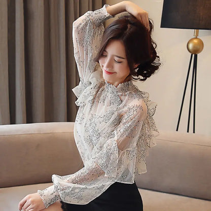 Women Blouse Lace Women's Spring  Autumn Chiffon Shirt Top Spring Blouse Shirts Ropa De Mujer