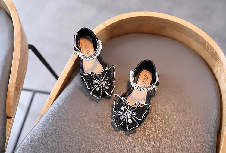 Large Crystal Bow Tie Kids Shoes for Girl Princess Beading Mary Jane Shoes Bling Prom Children  Girls Designer Shoes