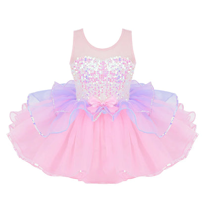 Kids Girls Fairy Party Princess Dress Ballet Dance Dress Sleeveless Mesh Splice Gymnastics Leotard Tutu Dress Ballroom Dancewear