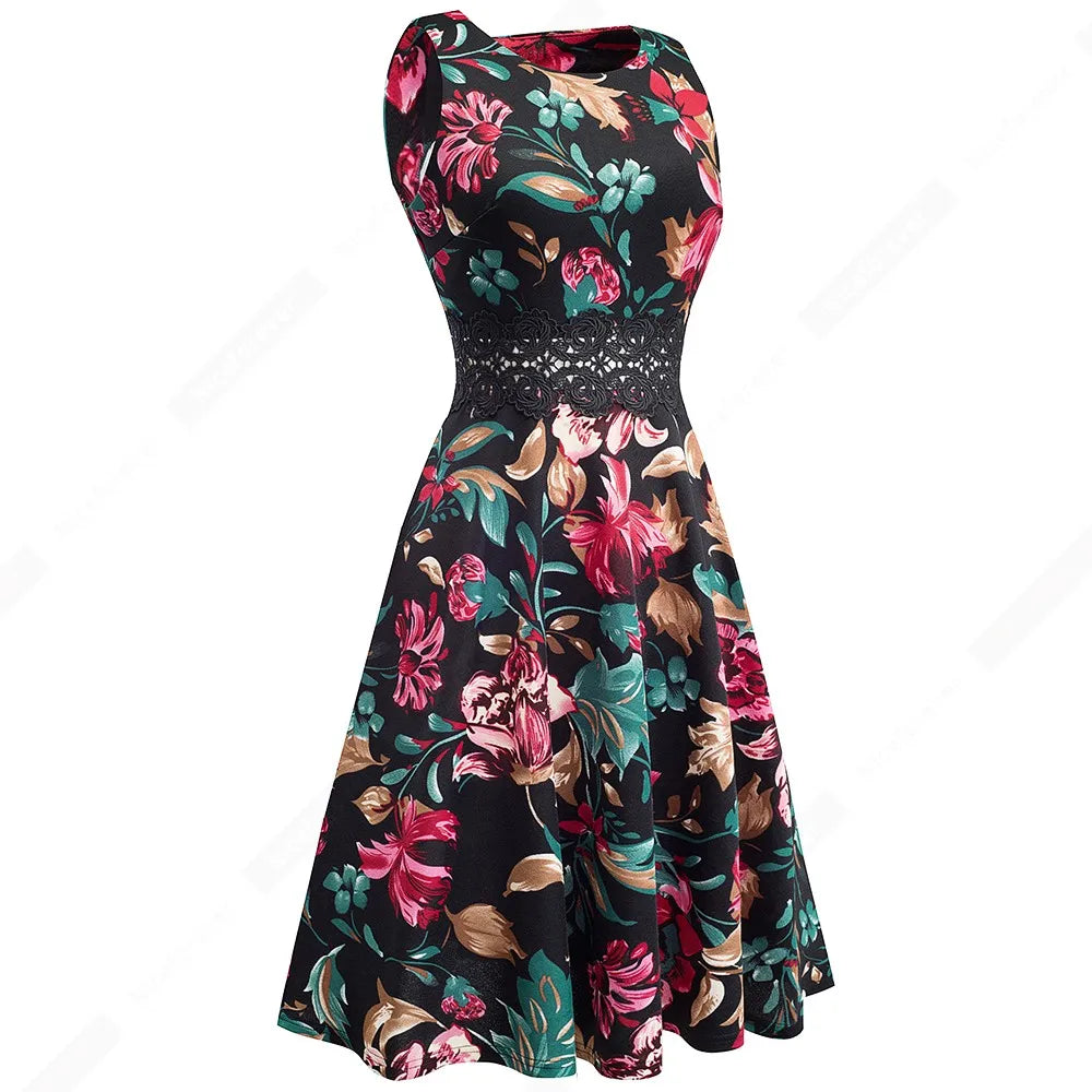 Women Vintage Casual Round Neck A line Summer Elegant Floral Lace Patchwork Sleeveless Tunic Party Swing Dress HA079