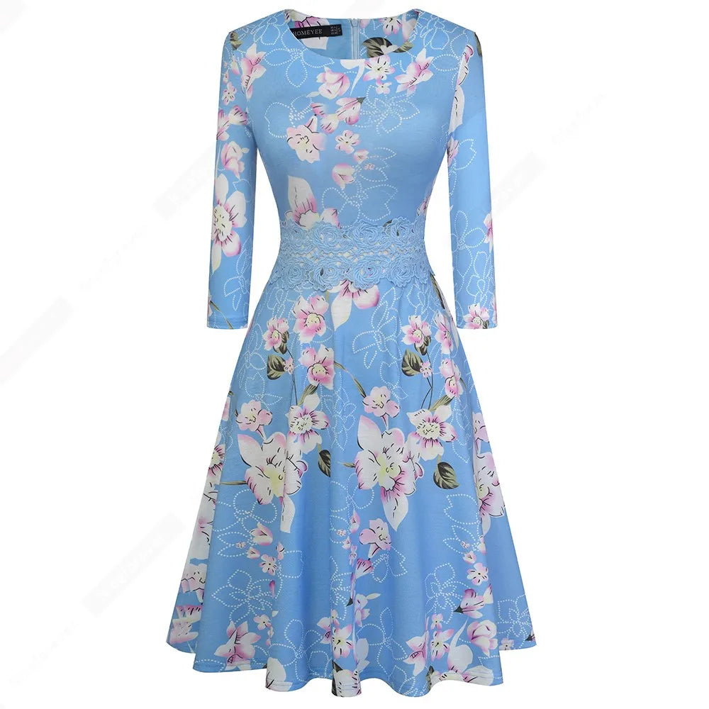 Women Vintage Casual Round Neck A line Summer Elegant Floral Lace Patchwork Sleeveless Tunic Party Swing Dress HA079