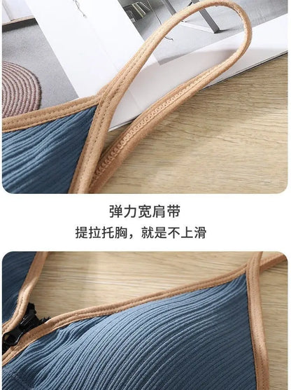 Korean striped crop tops slim fit spaghetti strap tanke top women built in bra off shoulder sleeveless versatile camisole ins