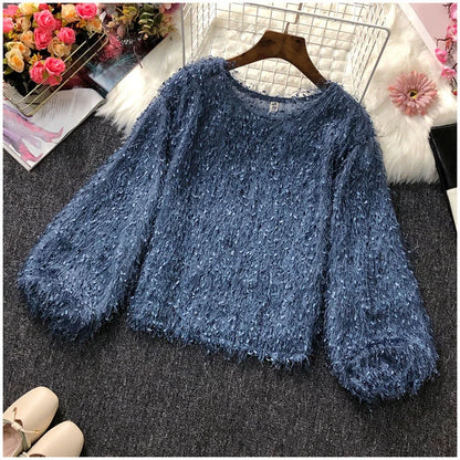 Blouse Women Shirt 2021 Spring Loose Puff Sleeves Furry Top Women's round-Neck Shirt Autumn and Winter Blusas Mujer De Moda