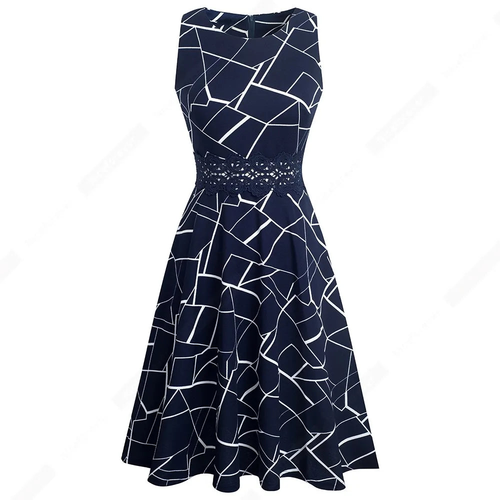 Women Vintage Casual Round Neck A line Summer Elegant Floral Lace Patchwork Sleeveless Tunic Party Swing Dress HA079