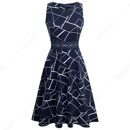 Women Vintage Casual Round Neck A line Summer Elegant Floral Lace Patchwork Sleeveless Tunic Party Swing Dress HA079