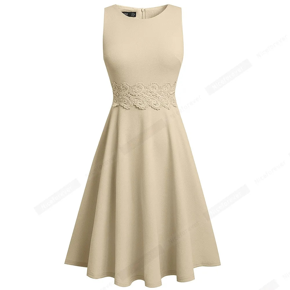 Women Vintage Casual Round Neck A line Summer Elegant Floral Lace Patchwork Sleeveless Tunic Party Swing Dress HA079