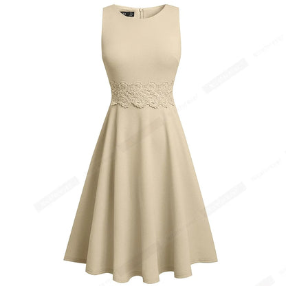Women Vintage Casual Round Neck A line Summer Elegant Floral Lace Patchwork Sleeveless Tunic Party Swing Dress HA079