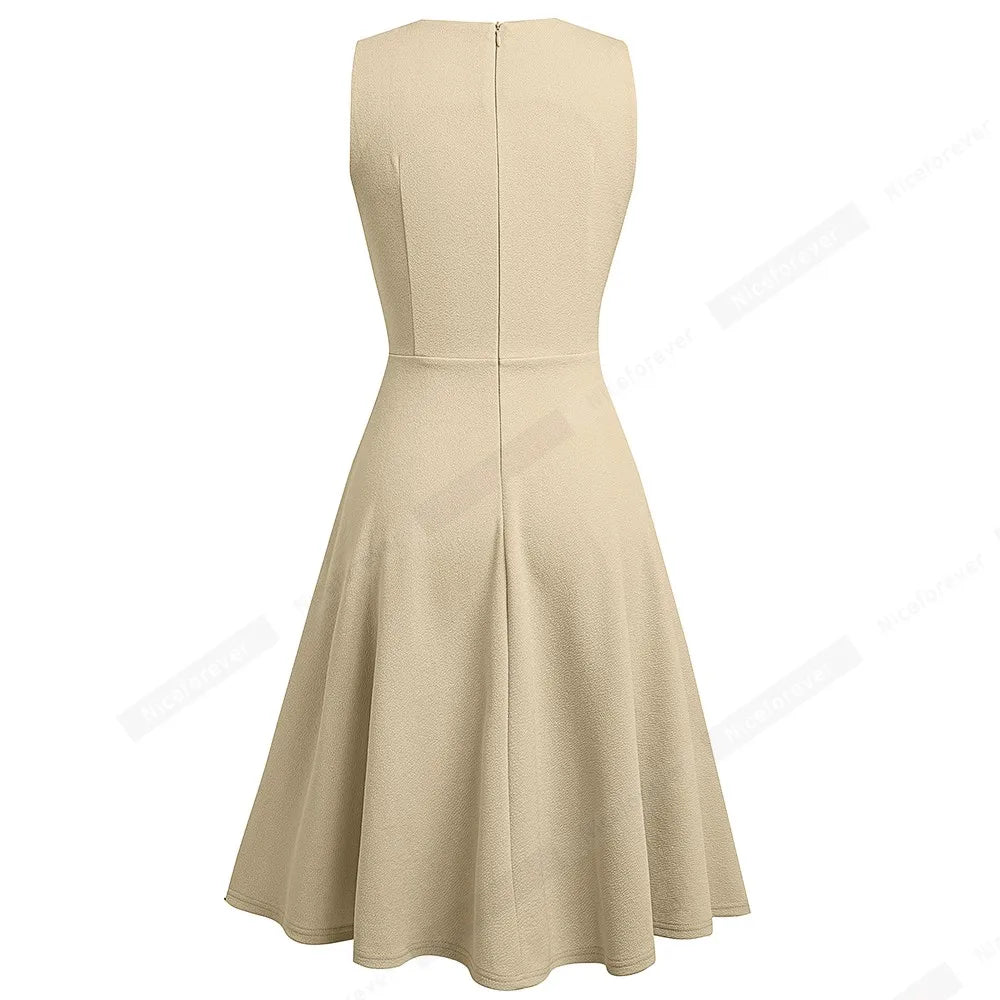 Women Vintage Casual Round Neck A line Summer Elegant Floral Lace Patchwork Sleeveless Tunic Party Swing Dress HA079