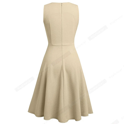 Women Vintage Casual Round Neck A line Summer Elegant Floral Lace Patchwork Sleeveless Tunic Party Swing Dress HA079
