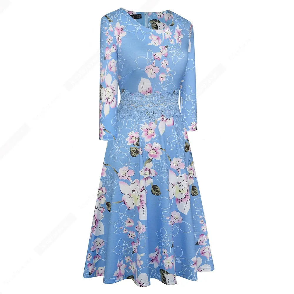 Women Vintage Casual Round Neck A line Summer Elegant Floral Lace Patchwork Sleeveless Tunic Party Swing Dress HA079