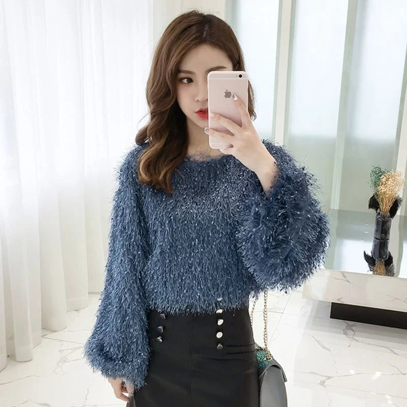 Blouse Women Shirt 2021 Spring Loose Puff Sleeves Furry Top Women's round-Neck Shirt Autumn and Winter Blusas Mujer De Moda