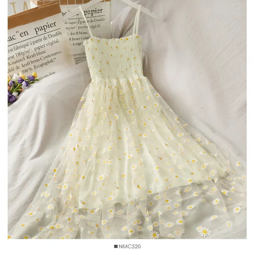 Sleeveless Dress Women Elegant Daisy Strappy Mesh Designer A-Line Stretchy Bust Fresh Ruched Retro High Waist Female Sundress
