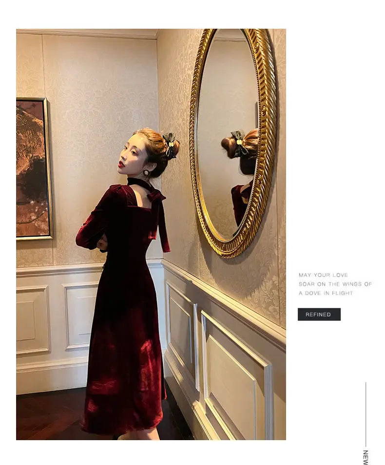 Sexy Dress Women French Retro Vintage Square Collar Waist Office Lady Wine Red Golden Velvet Autumn and Winter Female Clothing