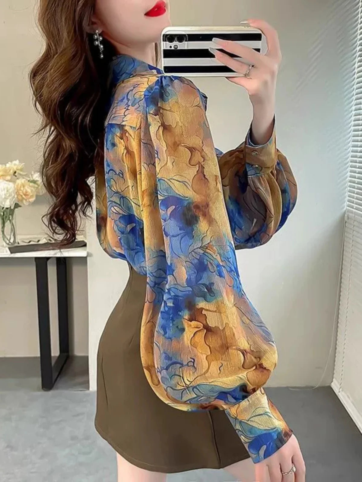 Boutique Wholesale 2025 Summer New Fashionable Loose Temperament Slimming Lantern Sleeve Printed Women's Shirt