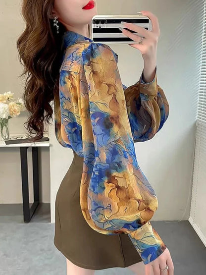 Boutique Wholesale 2025 Summer New Fashionable Loose Temperament Slimming Lantern Sleeve Printed Women's Shirt
