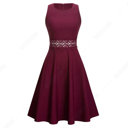 Women Vintage Casual Round Neck A line Summer Elegant Floral Lace Patchwork Sleeveless Tunic Party Swing Dress HA079