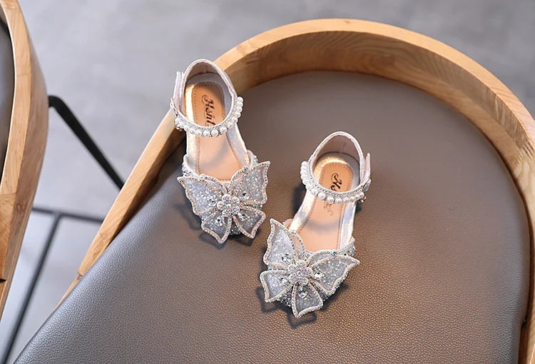 Large Crystal Bow Tie Kids Shoes for Girl Princess Beading Mary Jane Shoes Bling Prom Children  Girls Designer Shoes
