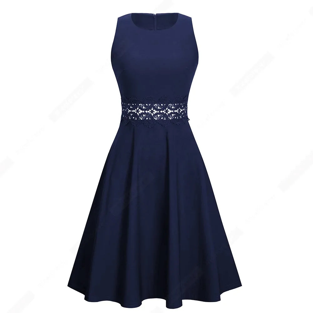 Women Vintage Casual Round Neck A line Summer Elegant Floral Lace Patchwork Sleeveless Tunic Party Swing Dress HA079