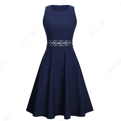 Women Vintage Casual Round Neck A line Summer Elegant Floral Lace Patchwork Sleeveless Tunic Party Swing Dress HA079