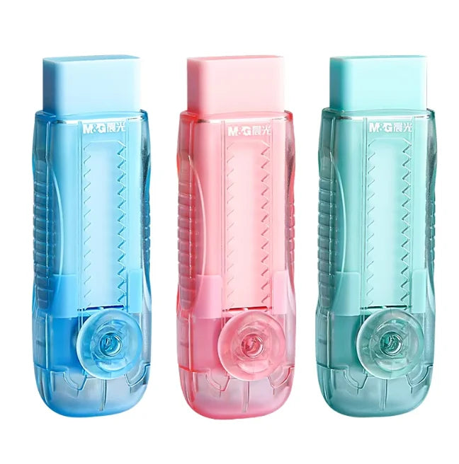 M&G Small Button Clear Case Push Eraser Pencil Colourful Design with Black Rubber for Students and Office Use