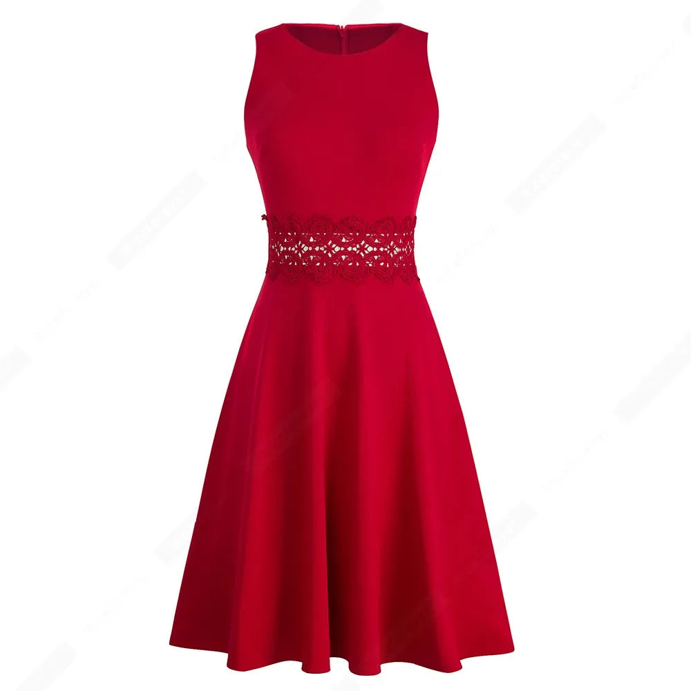 Women Vintage Casual Round Neck A line Summer Elegant Floral Lace Patchwork Sleeveless Tunic Party Swing Dress HA079