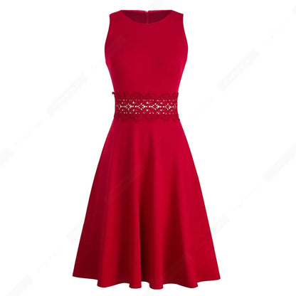 Women Vintage Casual Round Neck A line Summer Elegant Floral Lace Patchwork Sleeveless Tunic Party Swing Dress HA079