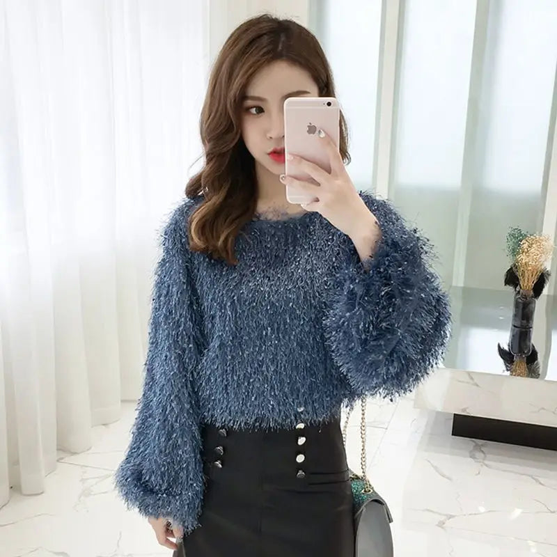 Blouse Women Shirt 2021 Spring Loose Puff Sleeves Furry Top Women's round-Neck Shirt Autumn and Winter Blusas Mujer De Moda