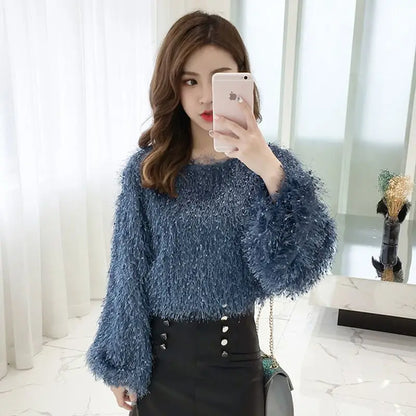 Blouse Women Shirt 2021 Spring Loose Puff Sleeves Furry Top Women's round-Neck Shirt Autumn and Winter Blusas Mujer De Moda