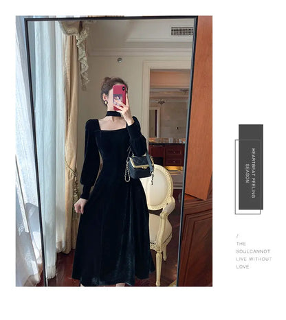 Sexy Dress Women French Retro Vintage Square Collar Waist Office Lady Wine Red Golden Velvet Autumn and Winter Female Clothing