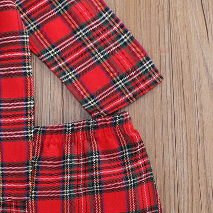 Girls Boys Plaid Homewear Set Long Sleeve Single Breasted Lapel Shirt Elastic Waist Long Pants Kids Autumn Pajamas Outfits